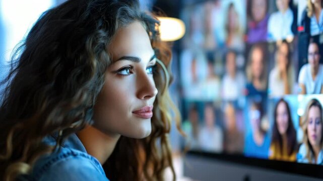 A woman in focus sits in front of a blurred TV showing multiple faces on the screen. She appears to be watching intently.