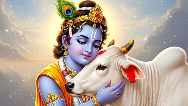 Krishna with a cow in a serene divine setting