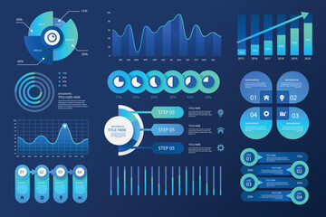 Collection of blue data visualization infographics and charts for business analytics and statistics
