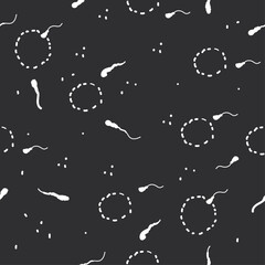 Seamless Pattern with Hand Drawn White Sperm Cells and Dotted Circles on Dark Charcoal Grey Background
