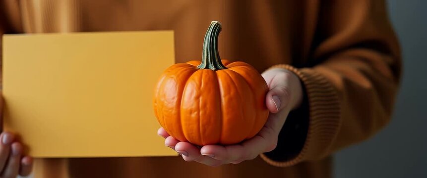 Photo realistic as Person holding a Thanksgiving card and a pumpkin with copy space. concept as A person holding a Thanksgiving card and a pumpkin symbolizing the festive greetings of the holiday with