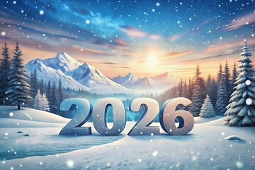 Winter wonderland scene with 2026 text in snowy landscape