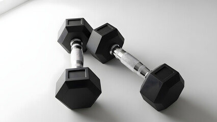 A pair of black hexagonal dumbbells with chrome handles rests prominently on a clean, bright white surface, ready for a strenuous workout session.