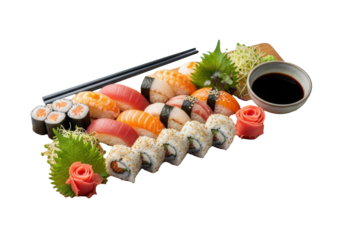 Gourmet sushi platter, nigiri, maki, salmon, tuna, yellowtail, sesame, shiso, ginger, black chopsticks on minimalist wooden board, studio. Culinary delight concept