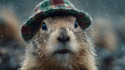 A groundhog in a checkered green and red hat stands on its hind legs in the middle of a winter landscape under falling snowflakes.