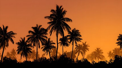 Obraz premium Silhouette of Palm Trees Against a Vibrant Orange Sunset Sky.