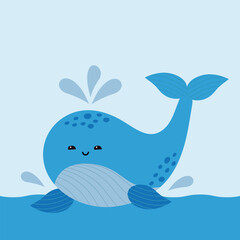 Hand-drawn whale. Cute, happy baby whale in the sea. Isolated vector illustration on a white background.
