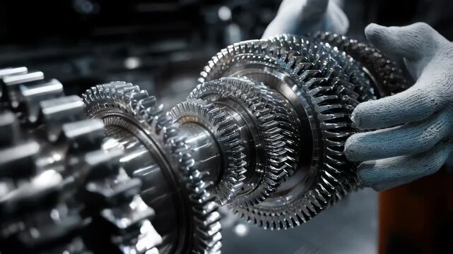 Engineer inspecting transmission components with newly applied biotech nanocoating highlighting friction reduction and improved mechanical efficiency.
