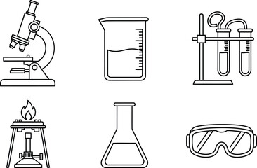 Line art vector set of 6 science lab icons microscope beaker test tubes burner flask and safety goggles