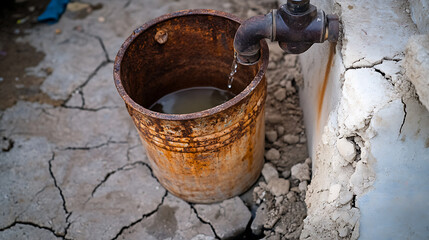 Rustic bucket under leaky tap against cracked earth. Evokes themes of scarcity and forgotten spaces. Simple, stark beauty. Reflects on essential resources.