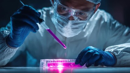 Scientist conducts experiment using pipette in laboratory at night while wearing protective gear and focused on the task - Powered by Adobe