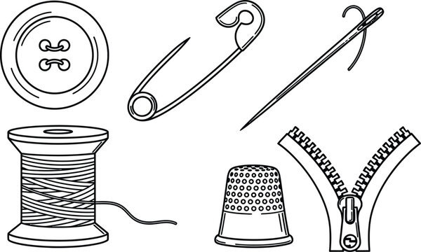 Line art vector set of 6 sewing accessories button safety pin needle thread spool thimble and zipper
