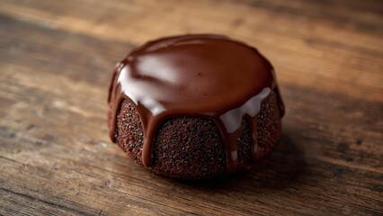 A realistic mini chocolate cake with chocolate glaze, simple design, placed on a wooden table, natural light, high detail, professional food photography