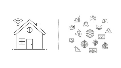 Smart Home Connectivity and Extensive Digital Business Data Network Line Icons Collection