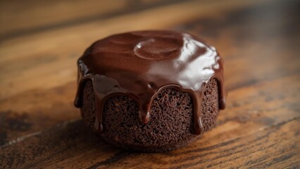 A realistic mini chocolate cake with chocolate glaze, simple design, placed on a wooden table, natural light, high detail, professional food photography