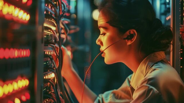 A young woman in a lab coat is surrounded by electronic devices in a dark room.