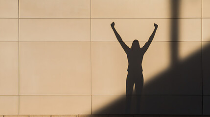 Silhouette of person with arms raised against a textured wall, basking in light. Celebratory pose symbolizes success, achievement, and triumph in an urban scene.
