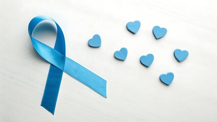 World Cancer Day flat lay with blue ribbon and heart shapes