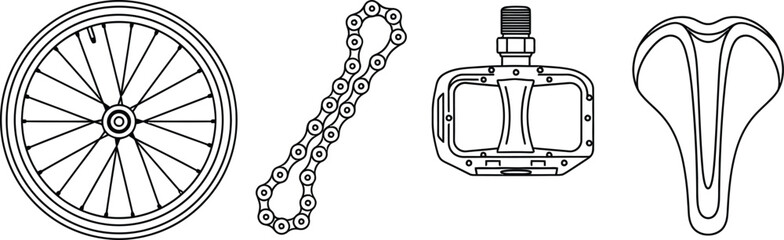 Fototapeta premium Set of 4 bicycle parts outlines bicycle wheel bicycle chain pedal and saddle seat
