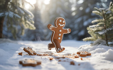 A whimsical gingerbread man dashes through a snowy winter forest with cookie crumbs scattered