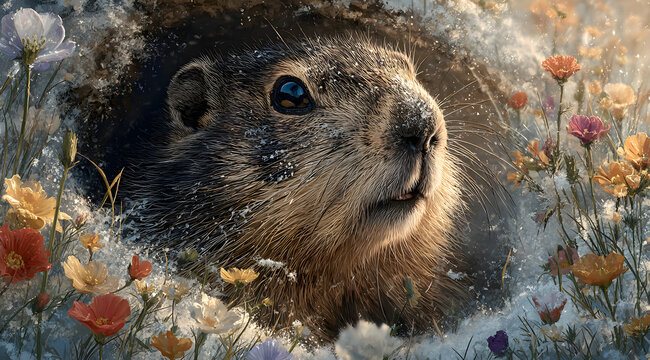 Groundhog emerging from a burrow in a field with melting snow and spring flowers. Digital illustration of a woodchuck looking for its shadow. Groundhog Day concept