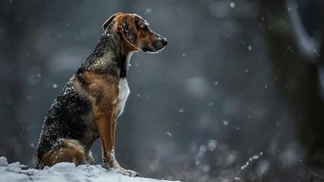 In the quiet serenity of a snowfall, a brown dog sits on a log, its gaze lost in the falling flakes. The tranquil scene is captured with a sense of peace and warmth that contrasts beautifully