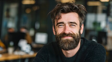 Obraz premium Smiling man with a beard looking directly at the camera in a cafe setting.