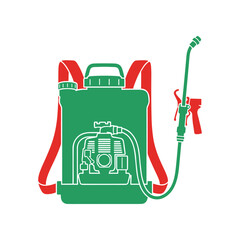 Green backpack sprayer with red straps and nozzle for agricultural use.