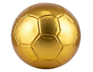 Gleaming golden soccer ball, isolated against a solid black background, showcasing intricate panel detail