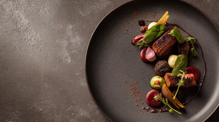 Dark mood food banner featuring elegant gourmet dish presentation on a wide plate, soft directional studio lighting, rich textures, dramatic shadows, professional restaurant photography style, minimal