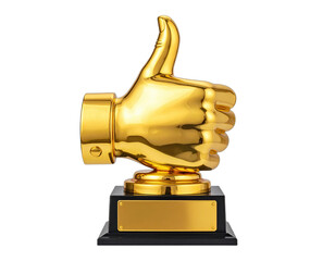 Golden thumbs-up trophy on a black base, isolated on a solid black background