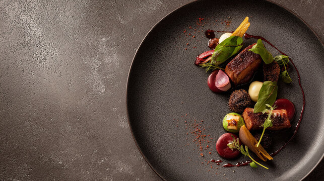 Dark mood food banner featuring elegant gourmet dish presentation on a wide plate, soft directional studio lighting, rich textures, dramatic shadows, professional restaurant photography style, minimal