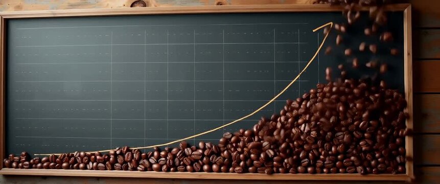 Photo realistic as Blackboard with Coffee Beans and Growth Chart concept as A blackboard featuring coffee beans and a growth chart set against a whimsical background offering ample space for text or g