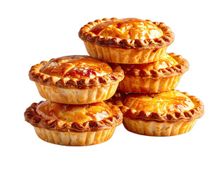 Close-up of golden-brown pastry pies stacked in a small pyramid shape, isolated on black