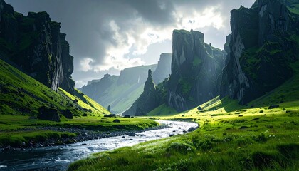Dramatic Mountain Landscape with River and Cloudy Sky