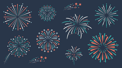 Colorful bursts of fireworks and starbursts on a dark background, celebrating a festive occasion