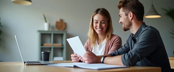 Happy couple sit talking and invest their business affairs with business planner concept as Two partners discuss budget goals and brand lift expansions over calm conversation emphasizing synergy in pe