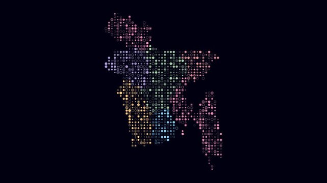 Bangladesh map animation. Shape of the country with pulsating colored dots. Small size circle blocks. Digital style Bangladesh map on dark background. Abstract video.