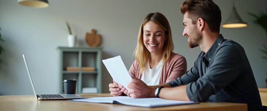 Happy couple sit talking and invest their business affairs with business planner concept as Two partners discuss budget goals and brand lift expansions over calm conversation emphasizing synergy in pe