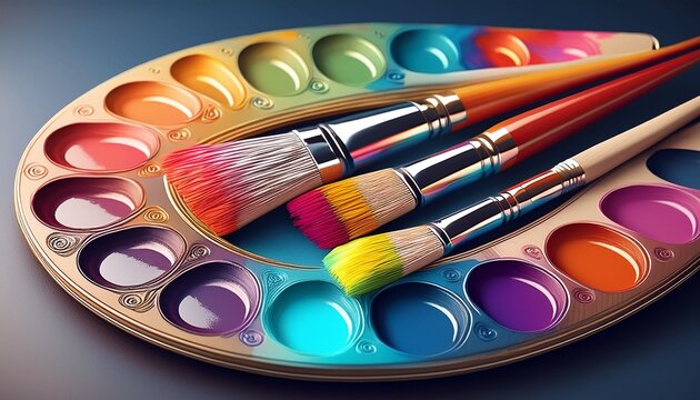 paintbrushes and palette with assorted colors - Powered by Adobe