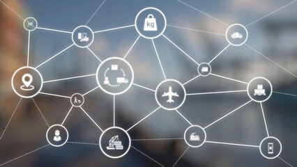 Logistics icons illustrate delivery, supply chain, warehouse, and shipping. Logistics connects global trade, logistics optimizes transport, and logistics supports inventory tracking. Gist