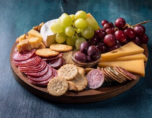 a delicious food platter with cheese crackers salami and grapes arranged artistically