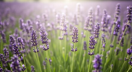 Obraz premium A serene field of lavender flowers basking in warm sunlight and gentle haze