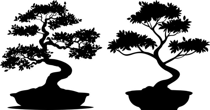 Pareja de siluetas de &aacute;rboles bons&aacute;i en macetas con estilo zen oriental.