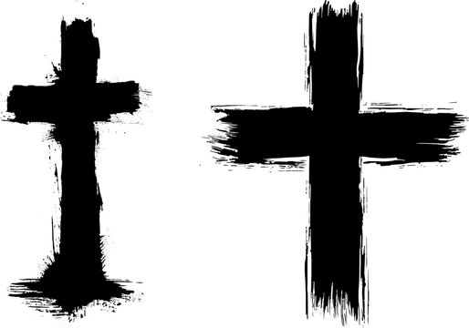 Par de cruces cristianas con efecto de pincelada r&uacute;stica y estilo grunge en blanco y negro.