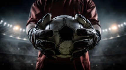 Soccer Goalkeeper Holding the Ball in a Stadium with Lights and Crowd.