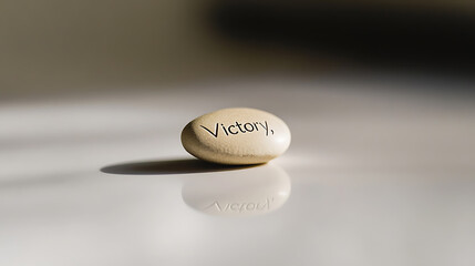 A white pebble with the word 'Victory,' sitting on a reflective surface. The stone captures a single word, symbolizing success and positive outcomes against a neutral background.