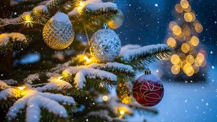 Close-up of a snow-covered evergreen tree branch adorned with festive Christmas ornaments and twinkling lights, creating a magical winter scene