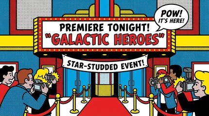 A vibrant cartoon illustration of a movie premiere event at a luxurious theater with red carpet and golden stanchions, capturing the excitement of the star-studded gathering and paparazzi