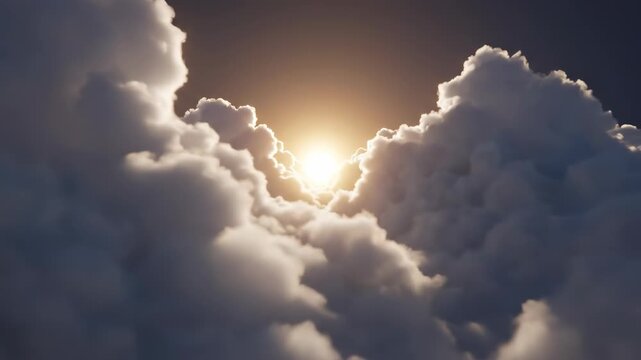 Seamlessly looping abstract background showing slow-motion movement of thick, billowing white clouds surrounding a powerful hidden glowing warm light source solar, cloudscape, light